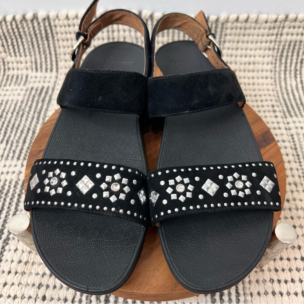 FitFlop Black Lulu Sandal Studded Aztec Toe Strap Adjustable Slingback Size 8